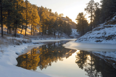 Tranquil winter landscape at sunset with a partially frozen river reflecting golden trees and snowy banksの素材