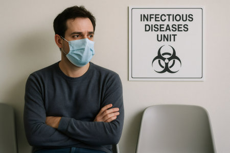 Patient with surgical mask sitting with arms crossed in a waiting room of an infectious diseases unit, worried about his healthの素材