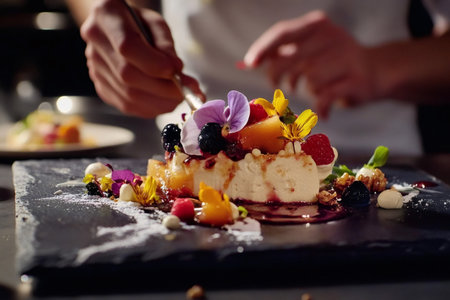 Professional chef adding final touch to a delicious dessert, garnishing with edible flowers and fresh berries in a restaurant kitchenの素材