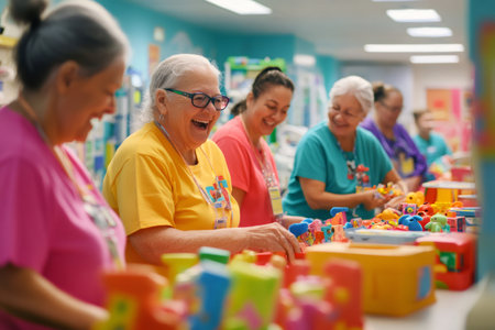 Happy senior women wearing vibrant, colorful t shirts, joyfully engaging in volunteer work while playing with toys and spreading smilesの素材