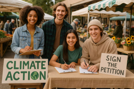 Group of young climate activists promoting environmental awareness and collecting signatures at a bustling outdoor marketの素材