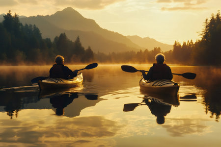 Two seniors kayaking on a peaceful lake at sunrise, enjoying the tranquility of nature and golden light reflecting on the waterの素材