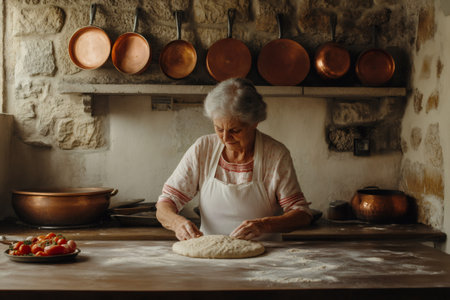 Senior woman preparing dough on wooden table in a traditional kitchen, copper pots and pans hanging in the backgroundの素材