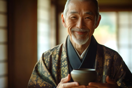 Softly lit close up of a Japanese tea master holding a ceramic bowl, smiling and wearing traditional kimonoの素材