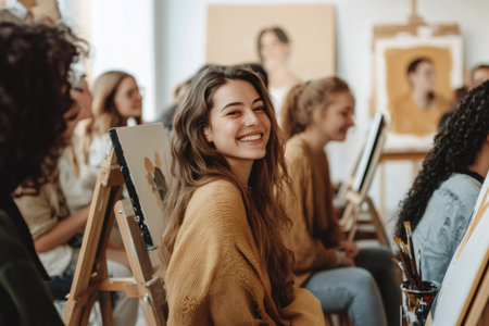 Art students practicing painting techniques, developing creative skills, and enjoying their shared passion for artの素材