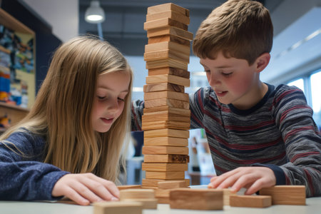 Two young children carefully building a tall tower of wooden blocks, developing their fine motor skills and problem solving abilitiesの素材