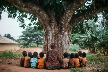 African teacher giving lesson to children under large tree in ghana, promoting education and community learning in rural africaの素材