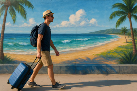Young male tourist walking on the sidewalk with trolley bag and backpack in front of a large mural depicting a tropical beachの素材