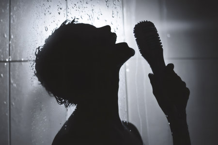 Silhouette of woman singing in shower using hairbrush as microphone, enjoying music and pamperingの素材