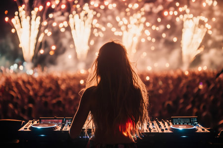Disc jockey performing in front of large crowd at music festival with fireworks exploding in backgroundの素材