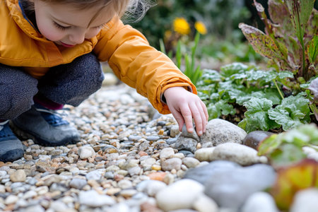 Young child happily arranging small stones while creating a garden path, enjoying outdoor playtime in a vibrant natural settingの素材
