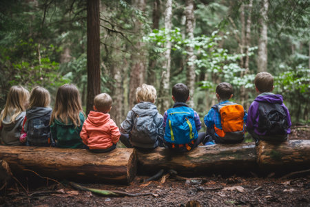 Eight young hikers wearing backpacks sitting on log enjoying nature during educational trip in forestの素材