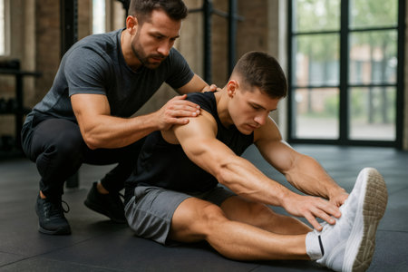 Trainer assisting sportsman with stretching exercises on the gym floor, focusing on flexibility and muscle engagement for optimal performanceの素材