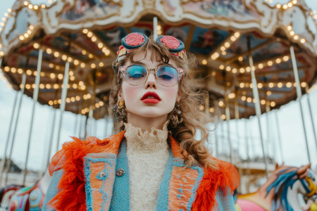 Stylish model posing with a vintage carousel in the background, wearing colorful clothes, glasses and original headwearの素材