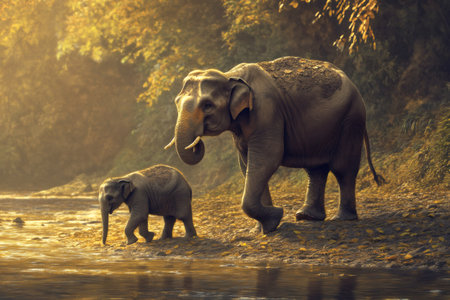 Elephant and her calf are walking along the bank of a river, enjoying the warm sunlight filtering through the treesの素材