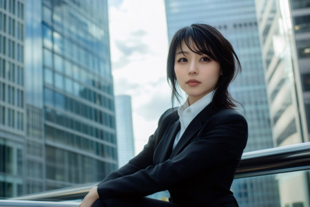 Portrait of a young businesswoman sitting on a railing in the financial district of Tokyo, Japanの素材