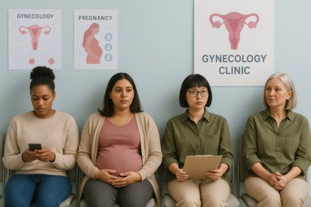 Multi ethnic women sitting in chairs in gynecology clinic waiting room, healthcare and pregnancy conceptの素材