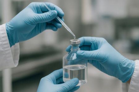 Two scientists wearing lab coats and gloves carefully transfer sterile fluid using a pipette in a laboratory settingの素材