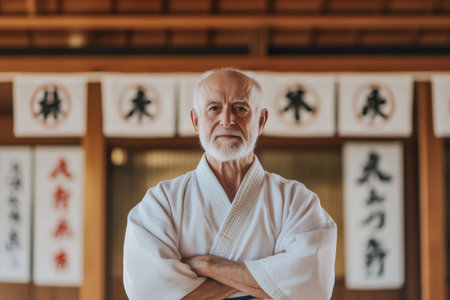 Portrait of a confident senior martial arts master posing with crossed arms in a traditional dojoの素材