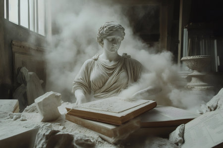 Classical marble statue reading old books covered in dust in a historical fine art setting with dramatic lightingの素材