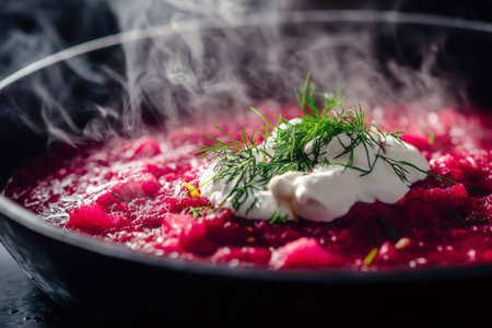 Rich toned beetroot soup garnished with fresh dill and a dollop of cream, steaming in a black bowl, capturing warmth and flavorの素材