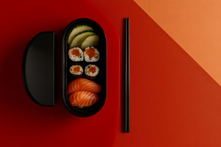 Open black sushi box revealing salmon nigiri, cucumber slices and uramaki rolls, accompanied by chopsticks, on a vibrant red and orange backgroundの素材