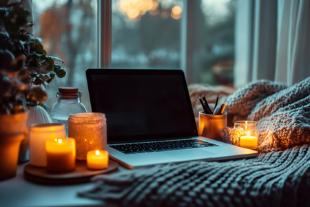 Laptop placed on a desk surrounded by scented candles, a warm blanket, and a houseplant, creating a cozy and inviting atmosphere for working or relaxing at homeの素材