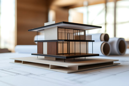 Miniature model of a sustainable house standing on blueprints, showing innovative design and eco friendly constructionの素材