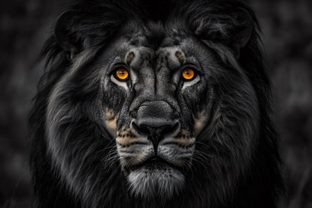 Close up portrait of a majestic male lion with intense orange eyes and a dark, thick mane, conveying power and wild beautyの素材
