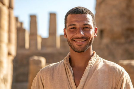 Portrait of a smiling Egyptian tour guide in traditional clothing posing in Karnak Temple, Luxor, Egyptの素材