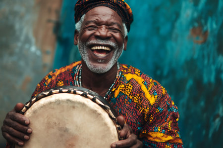 Portrait of cheerful senior African musician holding traditional djembe drum and laughing out loudの素材