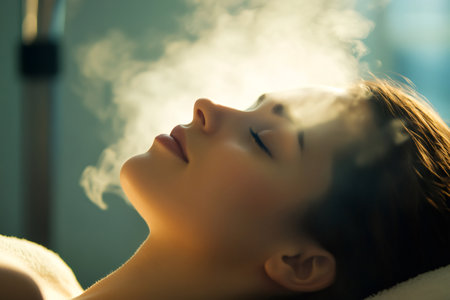 Client enjoying a soothing facial steam treatment at a luxurious beauty spa, enhancing skincare routines and promoting deep relaxationの素材