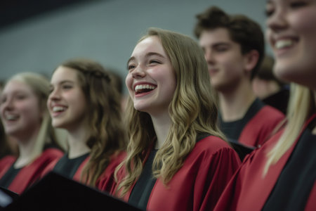 Choir members in vibrant red gowns joyfully singing together during a lively performance, radiating happiness and showing their talentの素材