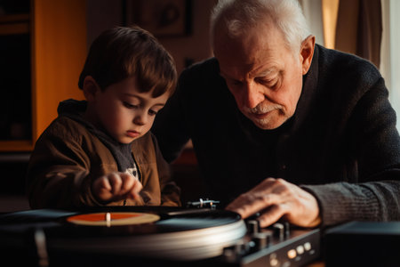 Grandfather and grandson enjoying time together listening to music on a turntable vinyl record playerの素材