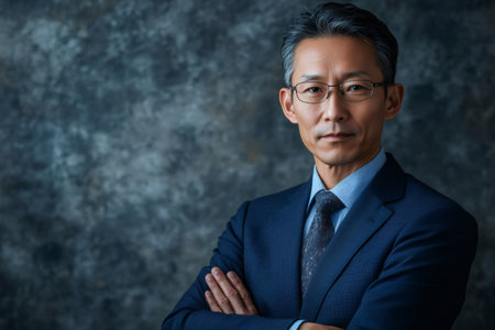 Studio portrait of middle aged Asian manager wearing suit and tie posing with crossed arms on textured backgroundの素材