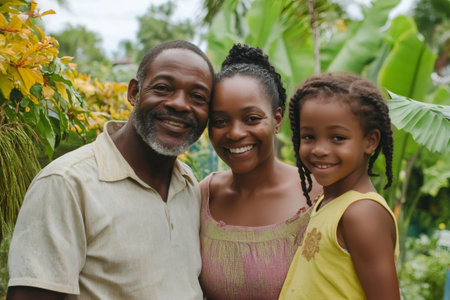 Portrait of cheerful jamaican parents and daughter posing together in a lush tropical garden, enjoying family timeの素材