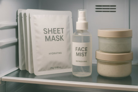 Beauty essentials including sheet masks, face mist, and creams stored in a refrigerator, highlighting skincare preservation and freshnessの素材