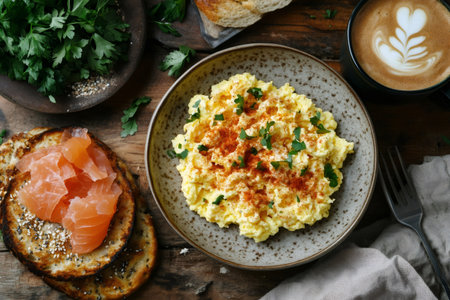 Overhead shot of scrambled eggs seasoned with paprika and parsley, accompanied by smoked salmon on toast and a cappuccino, creating a balanced and delicious breakfastの素材