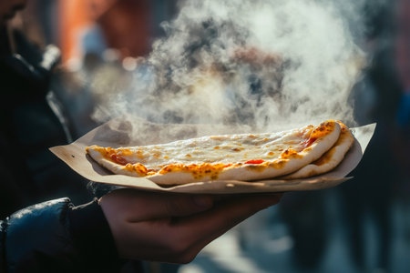 Close up view of two steaming hot pizza slices being held by a street food vendor, showing delicious Italian flavors and fresh ingredientsの素材