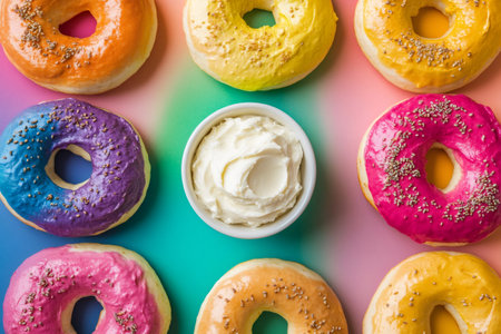 Vibrant rainbow bagels encircle a bowl of cream cheese, creating a colorful and appetizing overhead composition on a gradient backdropの素材
