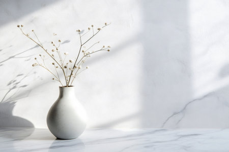 Minimalist still life of dry flowers in ceramic vase on white marble table with harsh window shadows, simple modern home decorの素材