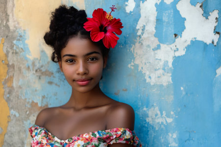Portrait of a beautiful young cuban woman with hibiscus flower in her hair posing near colorful wallの素材