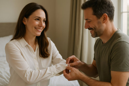 Smiling couple enjoying a warm interaction at home, highlighting connection and happiness in a cozy, intimate settingの素材