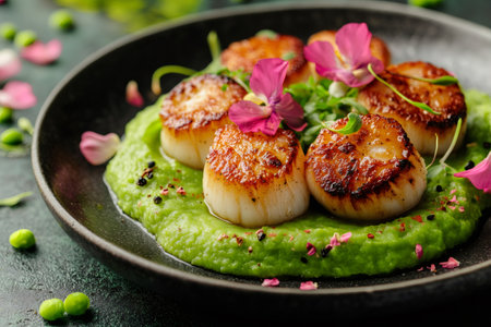 Delicious pan seared scallops, served on a bed of vibrant green pea puree, garnished with colorful edible flowers and fresh herbsの素材