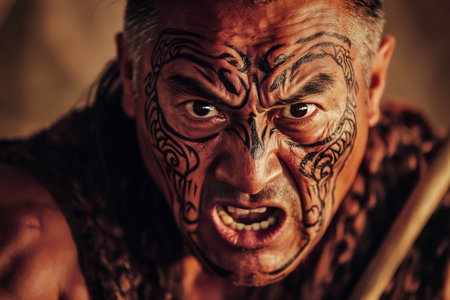 Close up of a Maori warrior with traditional ta moko tattoos performing a haka, showcasing the rich cultural heritage of New Zealandの素材