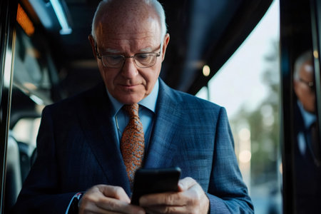 Focused mature executive using mobile phone app for online trading and investment management during his daily commuteの素材