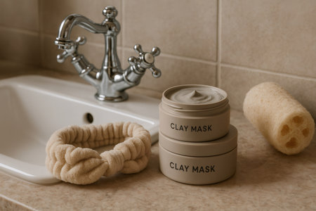 Skincare essentials neatly arranged on a bathroom countertop, featuring clay masks, a soft headband, and a loofah next to a classic faucetの素材