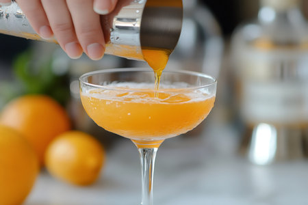 Professional bartender preparing an orange cocktail, pouring the mix from a shaker into a glassの素材