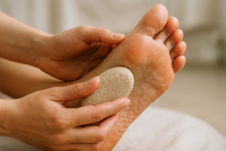 Hands carefully exfoliating the sole of a foot using a pumice stone, promoting smooth and healthy skin through effective foot careの素材