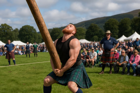 Powerful athlete lifting heavy caber during traditional scottish highland games competition with spectators and officials in backgroundの素材